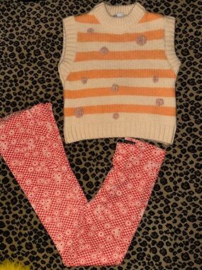 Zara Cream & Orange Striped Knit Vest with Rosette Accents